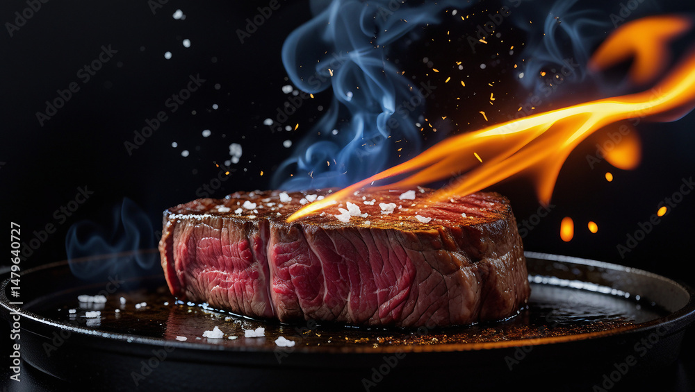 Sizzling ribeye steak captured mid flame with rising smoke. Cast iron ...