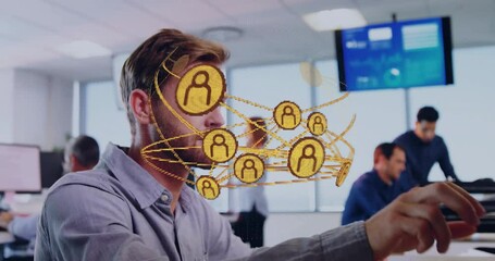 Poster - Mature male professional viewing network graphic in open office, with computers and tech display