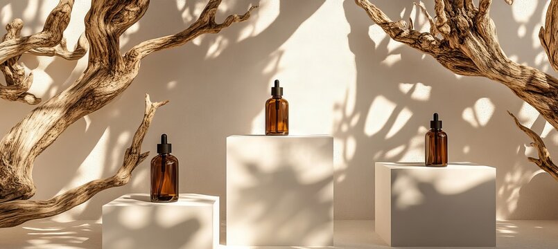 A 3D rendering illustration featuring a minimalist mockup background for showcasing products, complete with a podium and dry tree twigs on a branch, set against a white sand beach on a white