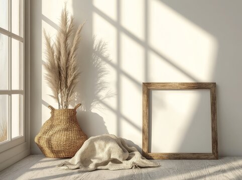 A 3D rendering of a vertical frame mockup on a wooden floor in a living room, accompanied by dried pampas grass, a woven basket, a blanket, and a pillow with tassels, set against a white wall