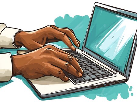 Hands typing on a laptop