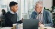 © peopleimages.com - Office, senior man or financial advisor talking with laptop, retirement fund and pension info in conversation. Elderly client, advice and people in meeting planning for future, help or consulting