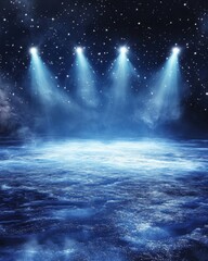 Poster - Stage lights illuminate water surface under starry sky dramatic scene abstract background