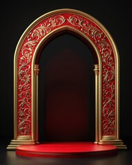 Poster - Ornate Red and Gold Archway with Round Platform on Black Background Studio Shot for Product Display or Presentation