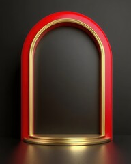 Poster - Red and Gold Archway with Platform on Black Background Studio Shot Product Display Mockup Geometric Shape Minimalist Style