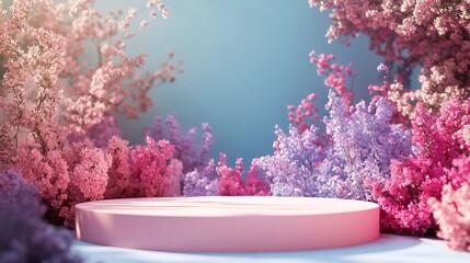 Poster - Pink Pastel Floral Background Spring Blossom Product Display Platform Elegant Minimalist Soft Light Studio Scene Beautiful Flowers Pink Purple Lilac  