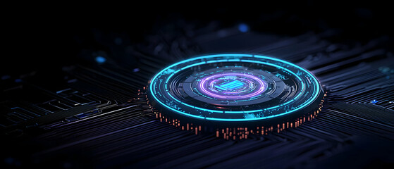Poster - Abstract Futuristic Glowing Circle Design On Dark Circuit Board