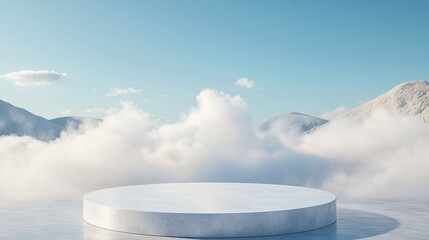 Poster - Elegant White Marble Platform Minimalist Product Display Winter Mountain Cloudscape Scene Background Peaceful Serene Nature Advertising Template 3D   