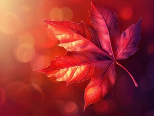 Poster - Vivid red maple leaf floating against a bokeh background in a close up studio shot with warm lighting
