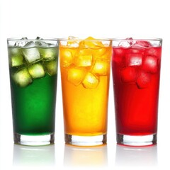 Poster - Three colorful drinks with ice cubes in glass cups studio shot on white background refreshment beverages