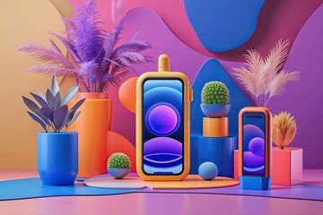 Poster - Three Dimensional Technology Gadgets Showcased on Colorful Abstract Background
