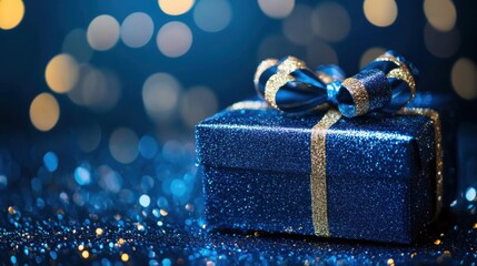 Poster - Blue glitter gift box with gold ribbon and bow on sparkling surface against bokeh lights studio shot