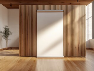Poster - Blank Pull Up Banner Display Mockup in Modern Interior with Wood Wall and Floor Presentation Template