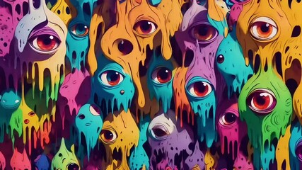 abstract trippy background with colorful melting eyes seamless loop video