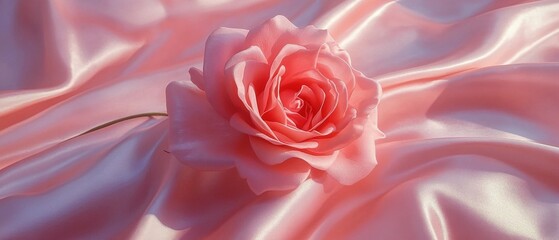 Poster - Close-up of a Pink Rose Resting on Silky Fabric, Soft Lighting, Romantic Still Life, Studio Shot, Ethereal Beauty