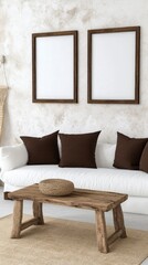 Poster - Styled Living Room Interior with White Sofa Brown Pillows and Rustic Wood Coffee Table Two Blank Frames Mockup