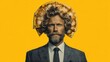 © Blackmint Studio - A well-dressed man with a full beard and curly hair holds a slice of pizza. His attire contrasts with the bright yellow backdrop, creating an eye-catching visual effect