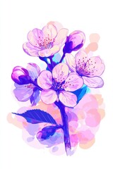 Poster - Watercolor Cherry Blossoms Bloom on Branch Illustration with Pastel Background and Vibrant Colors, Detailed Botanical Art