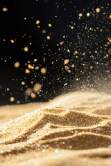Poster - Golden sand dune with sparkling particles rising against a dark background, close-up shot, studio lighting, conceptual