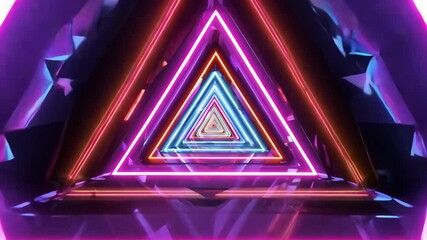 Poster - Abstract Triangle Tunnel Neon Glow - Moving Through Infinite Geometric Shapes - 4K 60.