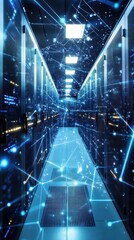 Aufkleber - Data Center Perspective: Servers and Network Connections in Modern Infrastructure Room, Low Angle View
