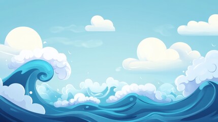 Poster - Cartoon ocean waves rolling under a bright sun and fluffy clouds, illustrated background, scenic seascape, sunny day, stylized