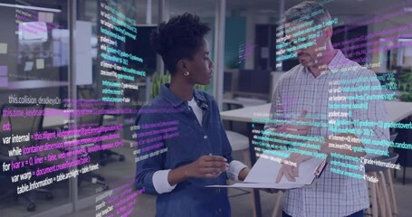 Poster - Coworkers discussing software code in open-plan office, holding papers amid floating code overlays