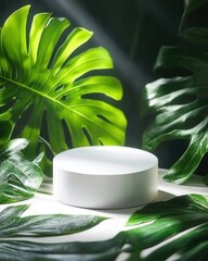 Poster - White podium display with monstera leaves tropical backdrop product showcase presentation minimalist style studio shot advertisement