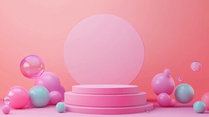 Poster - A vibrant gradient podium on a pink background is showcased in this 3D illustration of a minimal abstract mockup background. Each element comes with clipping paths.