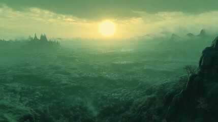 Wall Mural - Misty Green Valley at Sunrise Aerial View Fantasy Landscape with Mountains and Forest in Morning Light