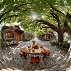 Poster - Al Fresco Dining Under a Canopy of Greenery: A Feast for the Senses in a Picturesque Courtyard Setting
