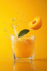 Poster - Peach Slice Plunging into Glass of Juice with Splash on Yellow Backdrop Studio Shot Refreshing Drink Summer