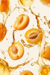Poster - Apricot Halves Floating in Juice Splash Overhead Shot Refreshing Summer Fruit Still Life Food Photography