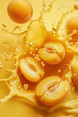 Poster - Apricots in Juice Splash High Angle Studio Shot Sweet Fruit Halved Apricot Close Up Refreshing Summer Drink Ingredient Food Photography