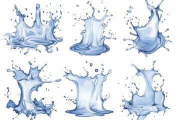 Poster - Water Splash Collection on White Background, Watercolor Style Illustration, Isolated Liquid Motion, Refreshing Beverage Concept