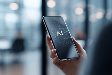 Poster - AI chatbot interface on smartphone screen held by person in business attire, blurred office background, crystal-clear UI design and soft reflections on screen glass