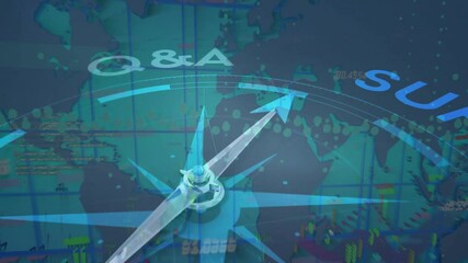 Poster - Stylized 3D compass rose rotating over global map grid, featuring code overlays and support label