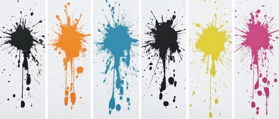 Aufkleber - Colorful Paint Splatters on White Background Six Vivid Ink Blots Abstract Art Design Element Close-up Studio Shot Artistic Expression