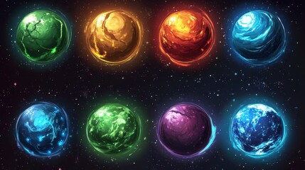 Poster - Eight Colorful Planets Floating in Space Digital Art Illustration Fantasy Sci-Fi Worldbuilding Concept Art Celestial Bodies Cosmic Background