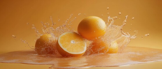 Poster - Oranges in Splashing Water Still Life Studio Shot on Orange Background Fresh and Juicy Close Up Fruit Photography