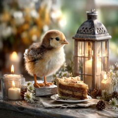 Poster - Whimsical Scene with Chick, Pie, and Lantern: A cozy composition featuring a charming chick, a slice of pie, and softly glowing candles.