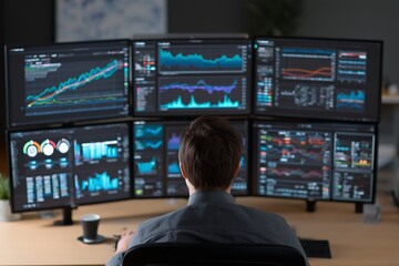 Poster - Financial analyst using multi-monitor setup with graphs and dashboards in cool tech colors