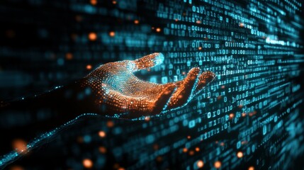Leinwandbilder - A glowing, digital hand reaches out amidst a backdrop of cascading binary code, symbolizing the intersection of technology and human interaction in a virtual environment.