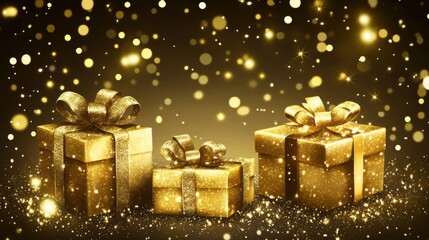 Poster - Golden Gifts Sparkle in Festive Light Three Presents Wrapped with Glittering Bows Holiday Celebration Still Life