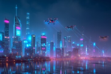 Poster - Futuristic smart city skyline at night, illuminated skyscrapers, holographic advertisements in the sky, flying autonomous drones with light trails, cyberpunk aesthetic