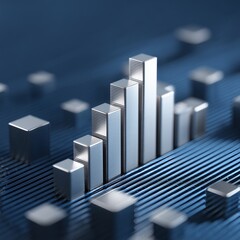 Poster - Minimal 3D render of ascending bar chart in silver and deep blue tones