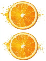 Poster - Two orange halves with juice splatters on white background studio shot close up bright vibrant colors