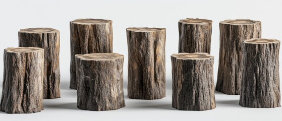 Poster - Group of Tree Stumps on White Background Still Life Studio Shot Wood Texture Natural Rustic Minimalist Aesthetic