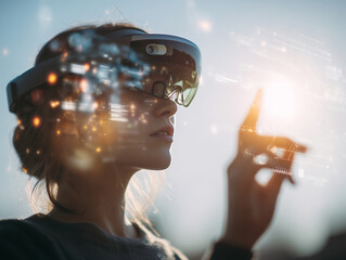 Poster - Woman wearing augmented reality glasses interacting with a transparent digital interface, bright tech lab background, futuristic touchpoints glowing, sunlight from above adding light flare