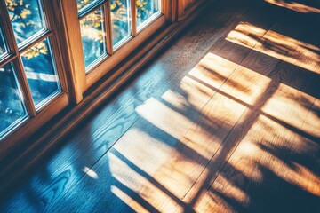Poster - Sunlight Streaming Through Window Casting Shadows on Hardwood Floor Interior Home Warmth and Texture Close Up Angle